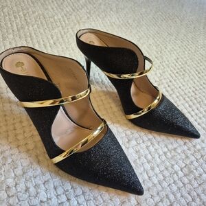 NWOT Black Sparkle High Heels Double Belted Gold Sequin Pointed Ladies 8.5